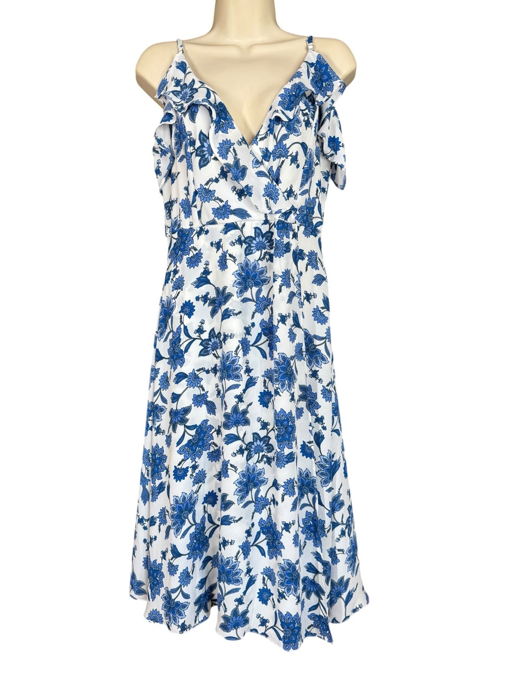 Lulus Arise Blue White Floral Cold Shoulder Midi Dress Wedding Guest M - Picture 3 of 17